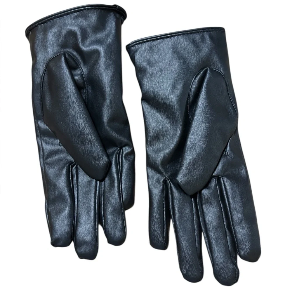 Black Faux Leather Gloves Fur Accent Puff Small